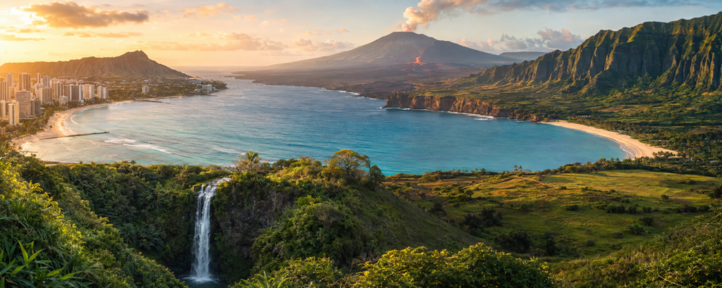 Scenic Hawaiian islands with beaches, mountains and volcanic landscapes