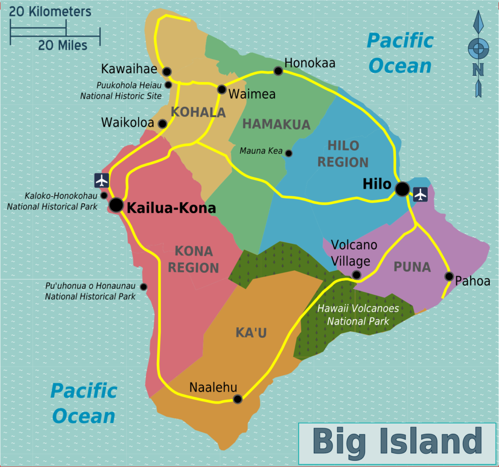 Map showing the main regions of the Big Island of Hawaiʻi