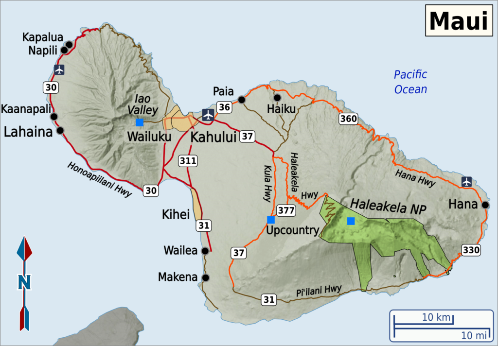 Map of Maui showing major towns, roads, and visitor areas